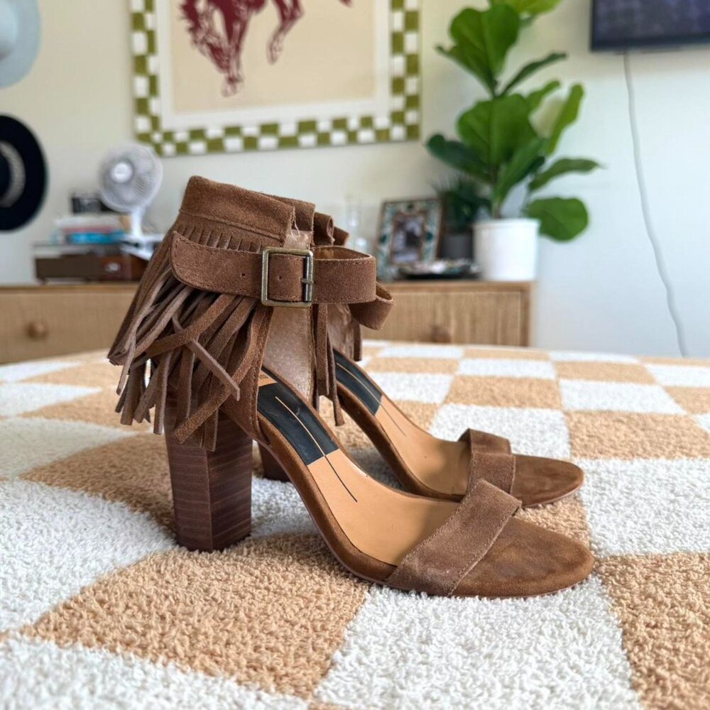 DOLCE VITA BOHO BROWN FRINGE BLOCK HEELS BROWN WOMENS 5